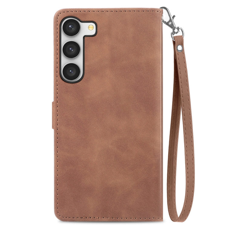 For Samsung Galaxy S23 5G Embossed Flower Zipper Leather Phone Case(Brown) For Samsung Galaxy S23 5G Embossed Flower Zipper Leather Phone Case(Brown)