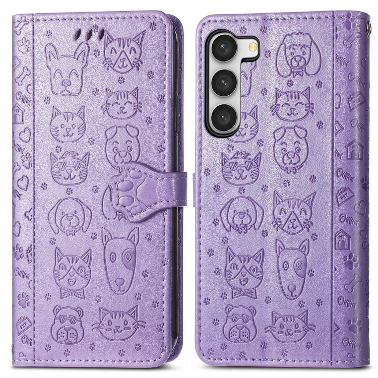 For Samsung Galaxy S23+ 5G Cute Cat and Dog Embossed Leather Phone Case(Purple) For Samsung Galaxy S23+ 5G Cute Cat and Dog Embossed Leather Phone Case(Purple)