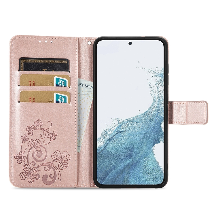 For Samsung Galaxy S23+ 5G Four-leaf Clasp Embossed Buckle Leather Phone Case(Rose Gold) For Samsung Galaxy S23+ 5G Four-leaf Clasp Embossed Buckle Leather Phone Case(Rose Gold)