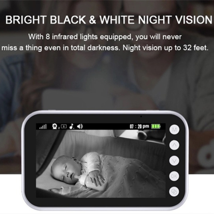 ABM100 Cámara de seguridad de 360 grados con monitor de bebé de visión nocturna en color de video inalámbrico de 4.3 pulgadas (enchufe de EE. UU.) - B5