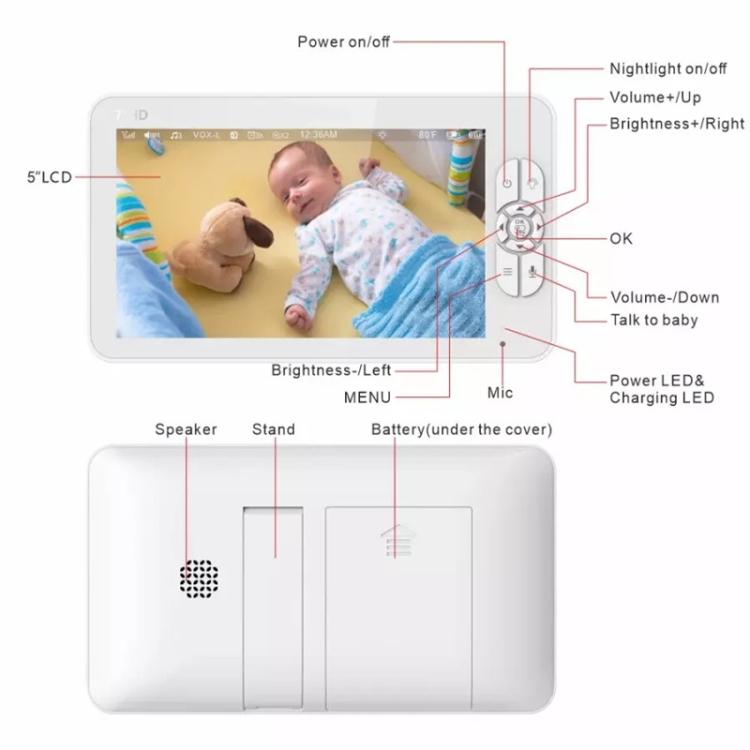 SM70PTZ Pantalla de 7 pulgadas Monitor de bebé digital inalámbrico de 2,4 GHz, visión nocturna automática / intercomunicador de voz bidireccional (enchufe de la UE) - B2