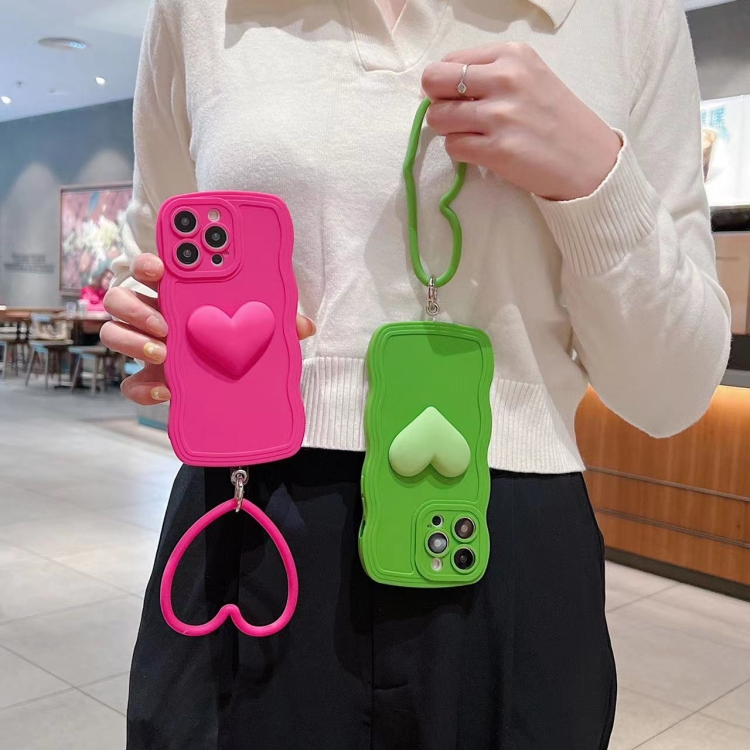 For iPhone 14 Pro 3D Heart Skin-Feel Silicone Phone Case with Wristband(Green) For iPhone 14 Pro 3D Heart Skin-Feel Silicone Phone Case with Wristband(Green)