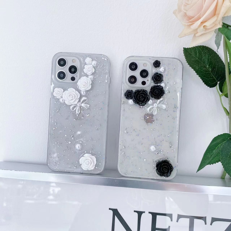 For iPhone 14 Plus 3D Pearl Bow Rose Glitter Epoxy TPU Phone Case(Black) For iPhone 14 Plus 3D Pearl Bow Rose Glitter Epoxy TPU Phone Case(Black)
