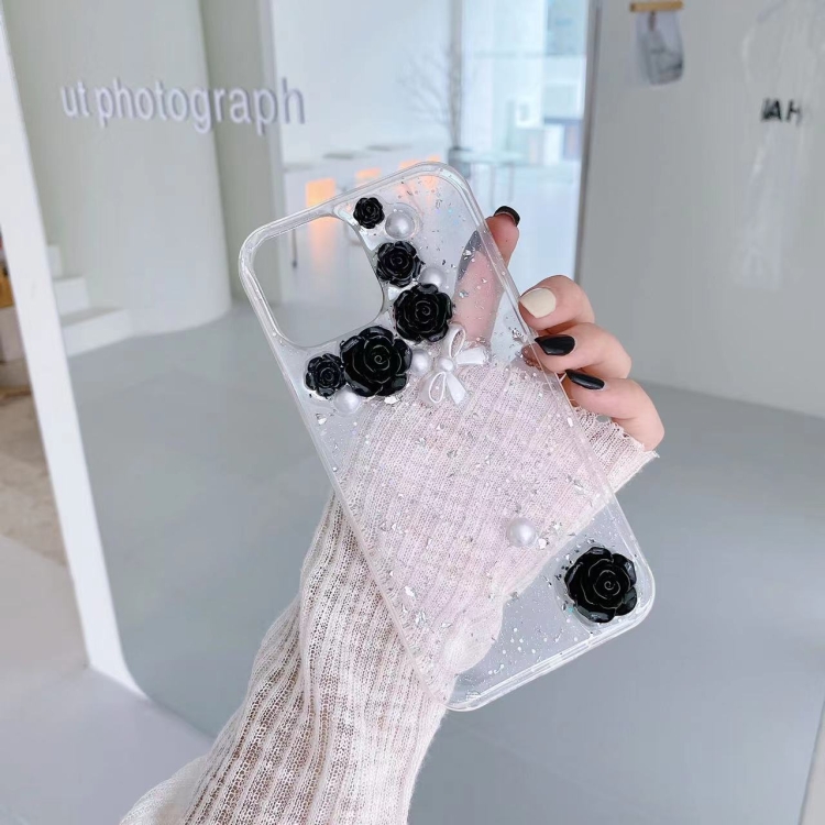 For iPhone 14 Plus 3D Pearl Bow Rose Glitter Epoxy TPU Phone Case(Black) For iPhone 14 Plus 3D Pearl Bow Rose Glitter Epoxy TPU Phone Case(Black)