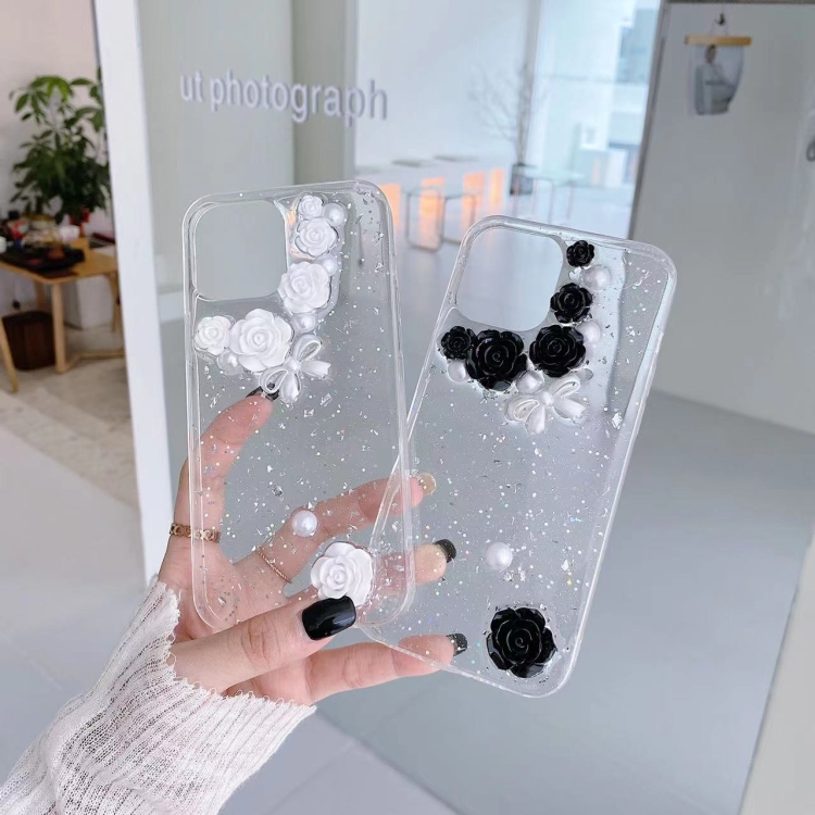 For iPhone 14 Plus 3D Pearl Bow Rose Glitter Epoxy TPU Phone Case(Black) For iPhone 14 Plus 3D Pearl Bow Rose Glitter Epoxy TPU Phone Case(Black)