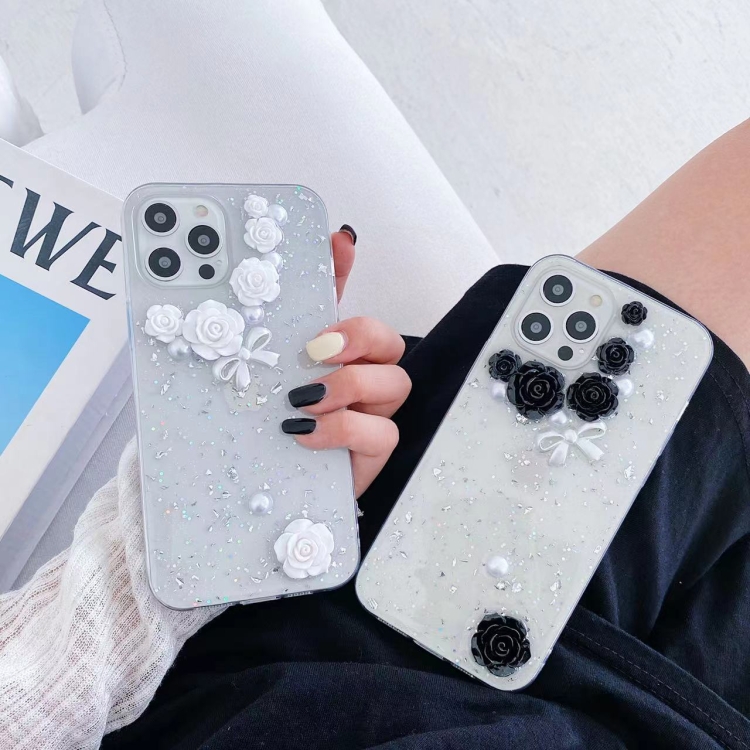 For iPhone 14 Plus 3D Pearl Bow Rose Glitter Epoxy TPU Phone Case(Black) For iPhone 14 Plus 3D Pearl Bow Rose Glitter Epoxy TPU Phone Case(Black)