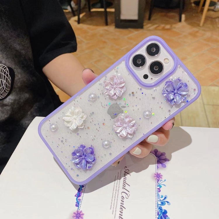 For iPhone 14 Plus 3D Bow Flowers Glitter Epoxy TPU Phone Case(Purple) For iPhone 14 Plus 3D Bow Flowers Glitter Epoxy TPU Phone Case(Purple)