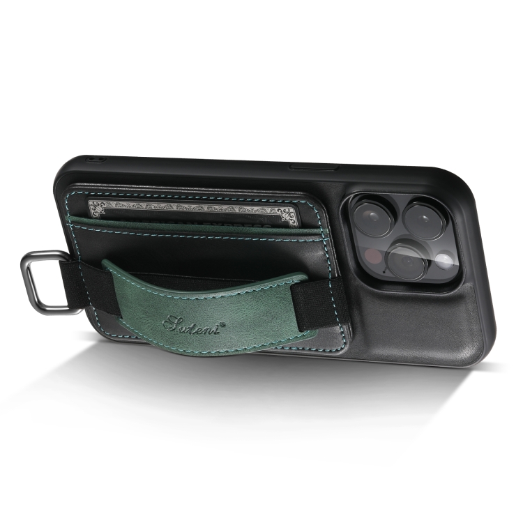 For iPhone 14 Suteni H13 Card Wallet Wrist Strap Holder PU Phone Case(Black) For iPhone 14 Suteni H13 Card Wallet Wrist Strap Holder PU Phone Case(Black)