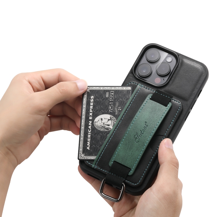 For iPhone 14 Suteni H13 Card Wallet Wrist Strap Holder PU Phone Case(Black) For iPhone 14 Suteni H13 Card Wallet Wrist Strap Holder PU Phone Case(Black)