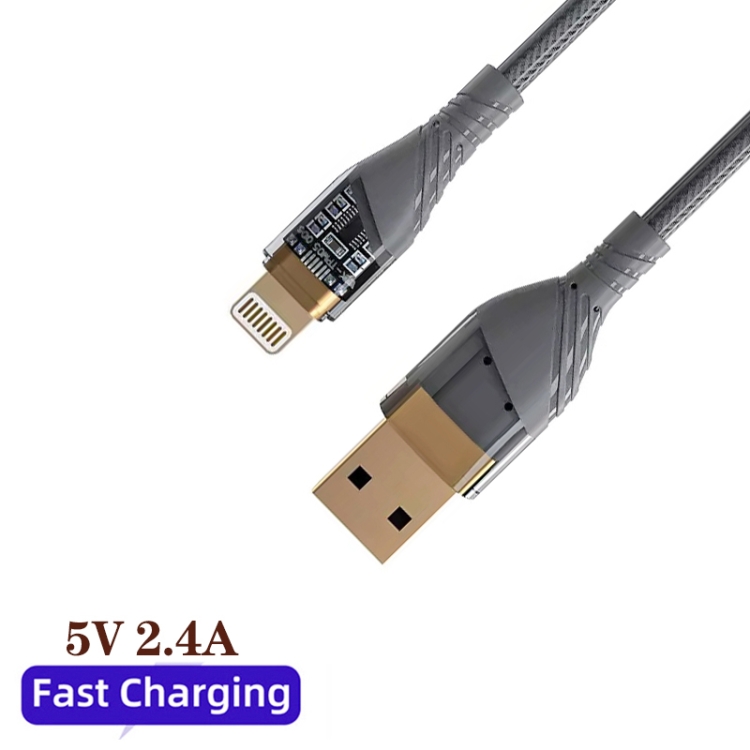 2pcs 2.4A USB to 8 Pin Transparent Fast Charging Data Cable, Length: 1m(Grey) 2pcs 2.4A USB to 8 Pin Transparent Fast Charging Data Cable, Length: 1m(Grey)