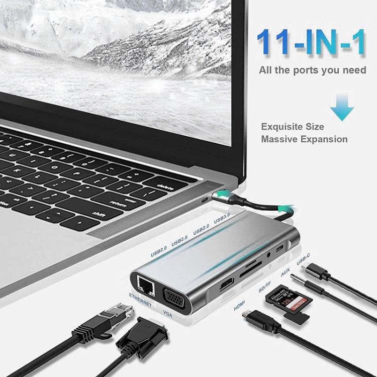 USB C HUB, USB C Adapter 11 in 1 Dongle with 4K HDMI, VGA, Type C PD, USB3.0, RJ45 Ethernet, SD/TF Card Reader, 3.5mm AUX, Docking Station Compatible with MacBook Pro/Air, Other Type C Laptops Devices - 1