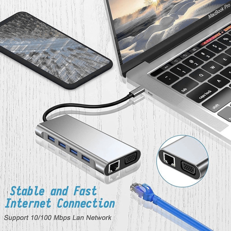 USB C HUB, adaptador USB C 11 en 1 Dongle con 4K HDMI, VGA, tipo C PD, USB3.0, RJ45 Ethernet, lector de tarjetas SD/TF, AUX de 3,5 mm, estación de acoplamiento compatible con MacBook Pro/Air, otro tipo CDispositivos portátiles - 7