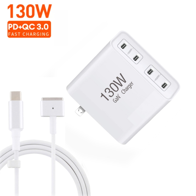 GaN 130W 4-Port USB-C PD65W / PD30W Multi Port Type-C Charger with 1.8m Type-C to MagSafe 2 / T Header Data Cable US / UK Plug GaN 130W 4-Port USB-C PD65W / PD30W Multi Port Type-C Charger with 1.8m Type-C to MagSafe 2 / T Header Data Cable US / UK Plug