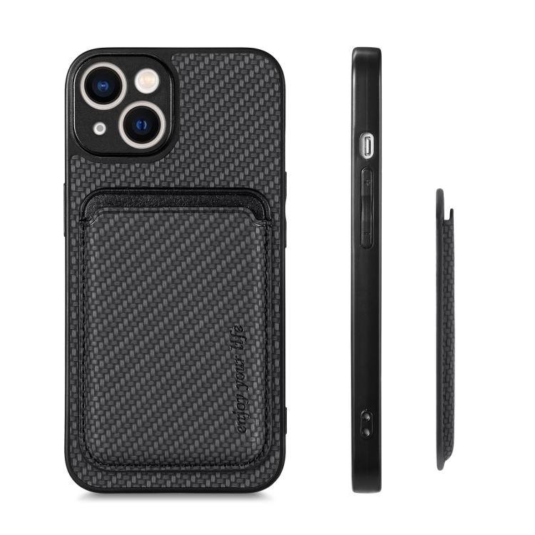 For iPhone 14 Plus Carbon Fiber Leather Card Magsafe Magnetic Phone Case(Black) For iPhone 14 Plus Carbon Fiber Leather Card Magsafe Magnetic Phone Case(Black)