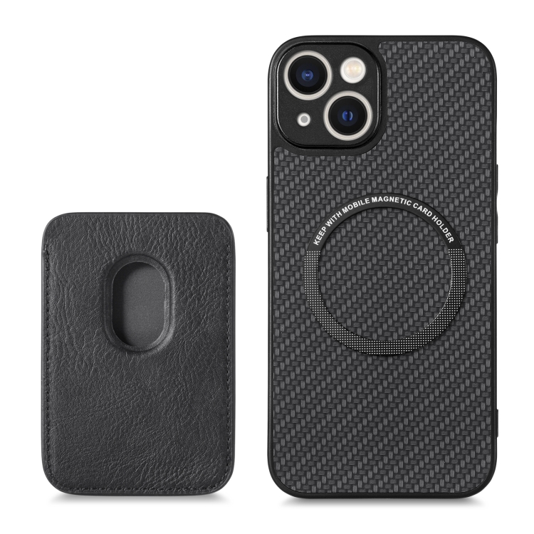 For iPhone 14 Plus Carbon Fiber Leather Card Magsafe Magnetic Phone Case(Black) For iPhone 14 Plus Carbon Fiber Leather Card Magsafe Magnetic Phone Case(Black)