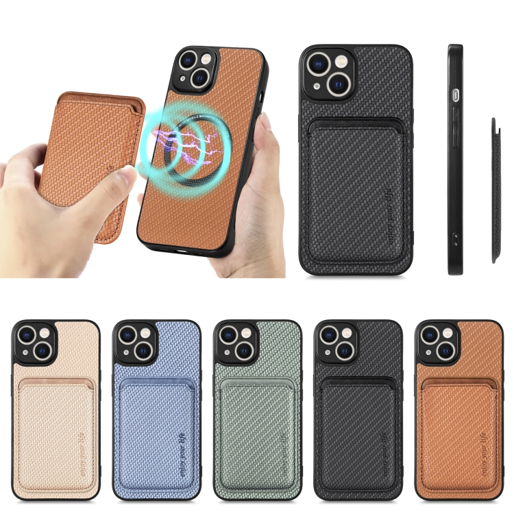 For iPhone 14 Plus Carbon Fiber Leather Card Magsafe Magnetic Phone Case(Black) For iPhone 14 Plus Carbon Fiber Leather Card Magsafe Magnetic Phone Case(Black)