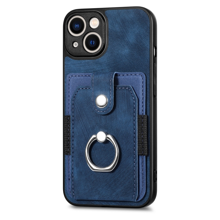 For iPhone 14 Retro Skin-feel Ring Card Wallet Phone Case(Blue)