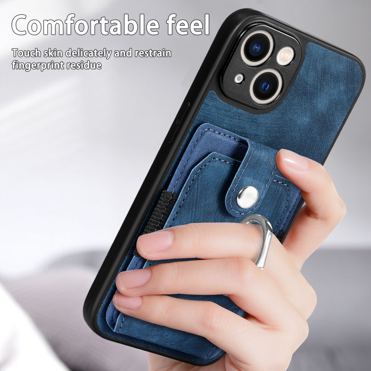 For iPhone 14 Retro Skin-feel Ring Card Wallet Phone Case(Blue)