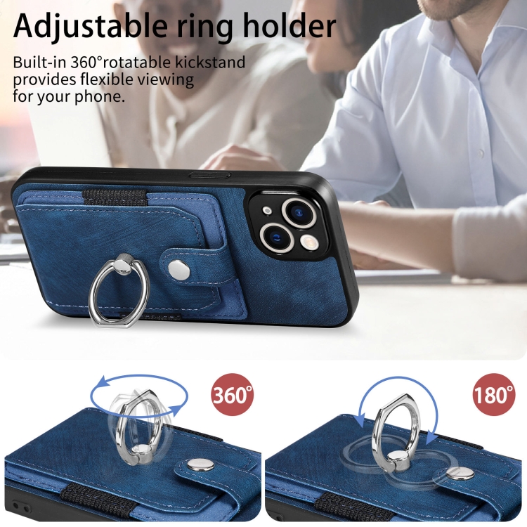 For iPhone 14 Retro Skin-feel Ring Card Wallet Phone Case(Blue)