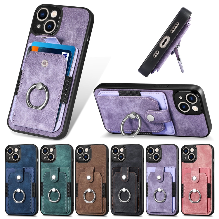 For iPhone 14 Retro Skin-feel Ring Card Wallet Phone Case(Blue)