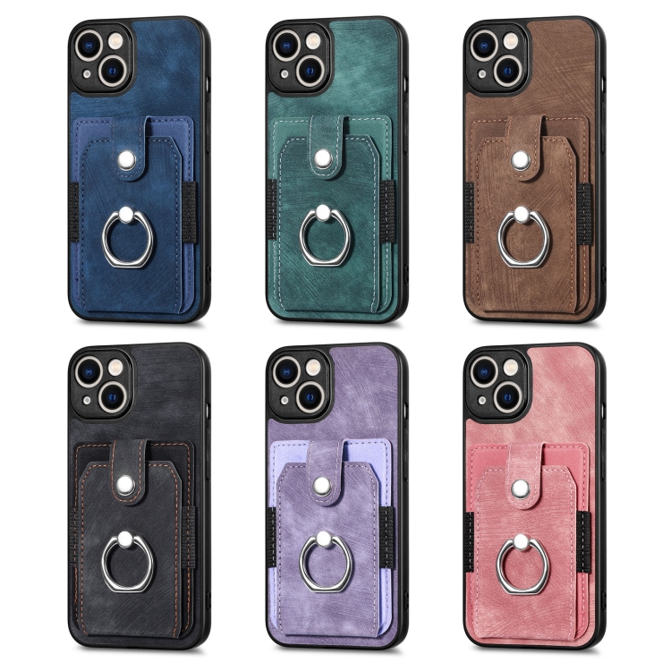 For iPhone 14 Retro Skin-feel Ring Card Wallet Phone Case(Blue)