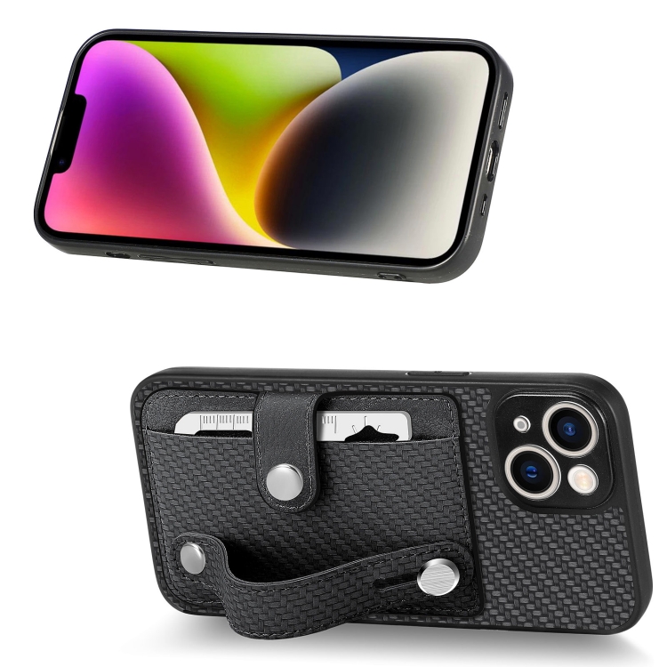 For iPhone 14 Wristband Kickstand Card Wallet Back Cover Phone Case with Tool Knife(Black) For iPhone 14 Wristband Kickstand Card Wallet Back Cover Phone Case with Tool Knife(Black)