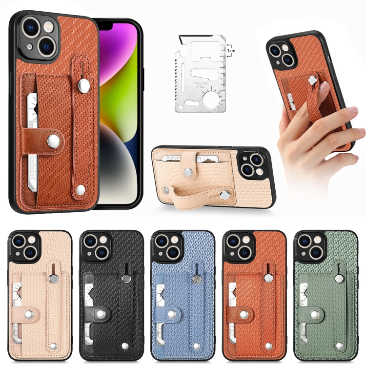 For iPhone 14 Wristband Kickstand Card Wallet Back Cover Phone Case with Tool Knife(Black) For iPhone 14 Wristband Kickstand Card Wallet Back Cover Phone Case with Tool Knife(Black)