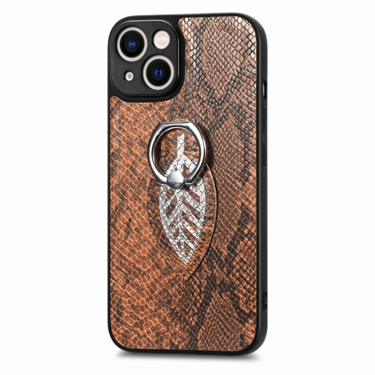 For iPhone 14 Snakeskin Leather Back Cover Ring Phone Case(Brown) For iPhone 14 Snakeskin Leather Back Cover Ring Phone Case(Brown)