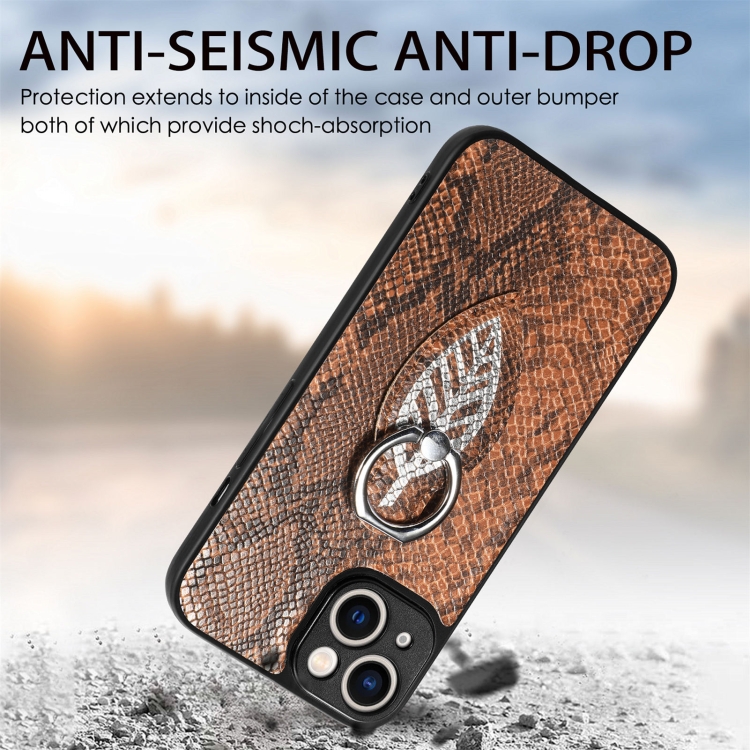 For iPhone 14 Snakeskin Leather Back Cover Ring Phone Case(Brown) For iPhone 14 Snakeskin Leather Back Cover Ring Phone Case(Brown)
