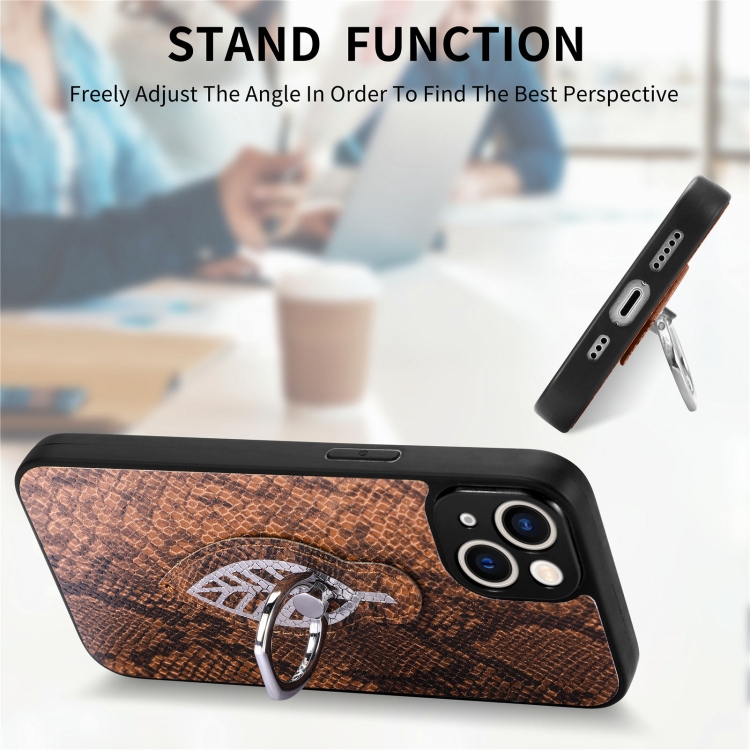 For iPhone 14 Snakeskin Leather Back Cover Ring Phone Case(Brown) For iPhone 14 Snakeskin Leather Back Cover Ring Phone Case(Brown)