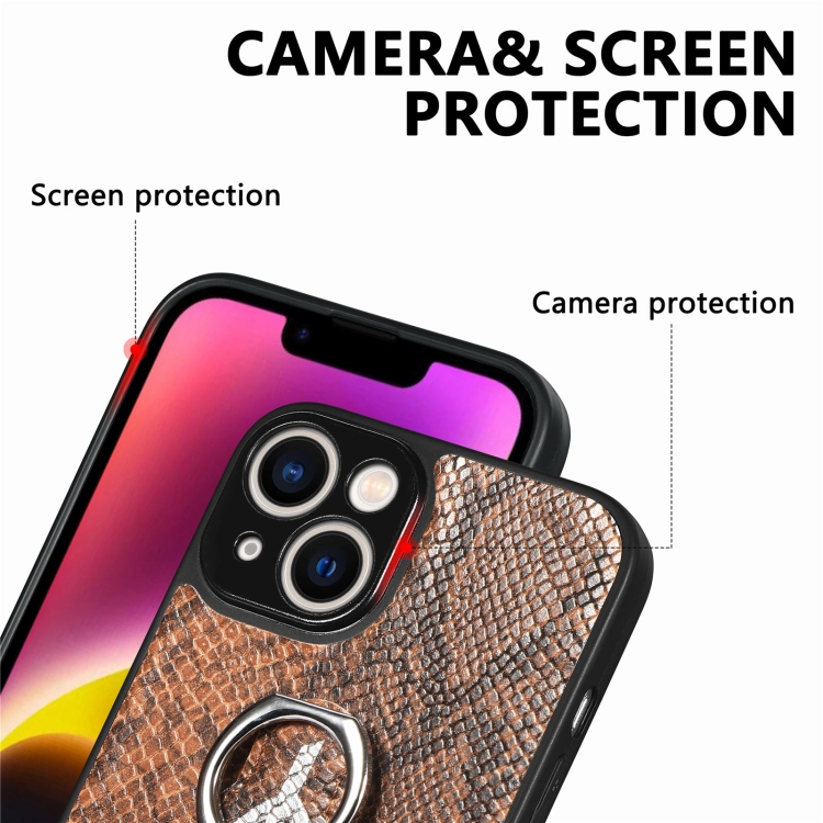 For iPhone 14 Snakeskin Leather Back Cover Ring Phone Case(Brown) For iPhone 14 Snakeskin Leather Back Cover Ring Phone Case(Brown)