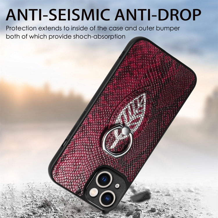 For iPhone 14 Pro Snakeskin Leather Back Cover Ring Phone Case(Red) For iPhone 14 Pro Snakeskin Leather Back Cover Ring Phone Case(Red)