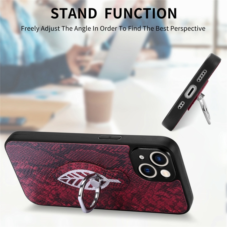 For iPhone 14 Pro Snakeskin Leather Back Cover Ring Phone Case(Red) For iPhone 14 Pro Snakeskin Leather Back Cover Ring Phone Case(Red)