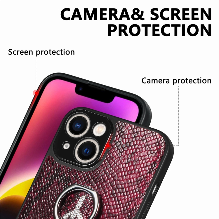 For iPhone 14 Pro Snakeskin Leather Back Cover Ring Phone Case(Red) For iPhone 14 Pro Snakeskin Leather Back Cover Ring Phone Case(Red)