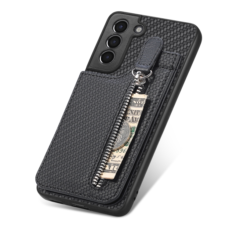 For Samsung Galaxy S21+ 5G Carbon Fiber Vertical Flip Zipper Wallet Phone Case(Black) For Samsung Galaxy S21+ 5G Carbon Fiber Vertical Flip Zipper Wallet Phone Case(Black)
