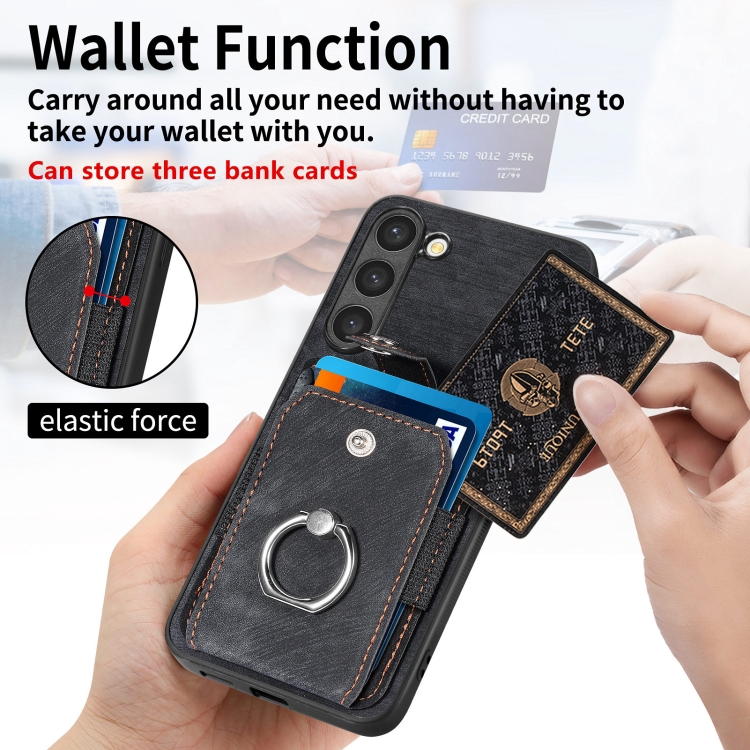 For Samsung Galaxy S22 5G Retro Skin-feel Ring Card Wallet Phone Case(Black) For Samsung Galaxy S22 5G Retro Skin-feel Ring Card Wallet Phone Case(Black)