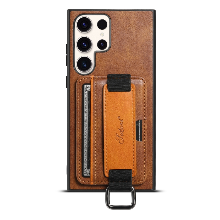 For Samsung Galaxy S23 Ultra 5G Suteni H13 Card Wallet Wrist Strap Holder PU Phone Case(Brown)