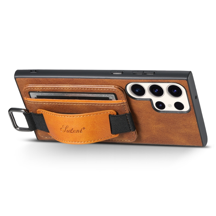 For Samsung Galaxy S23 Ultra 5G Suteni H13 Card Wallet Wrist Strap Holder PU Phone Case(Brown)