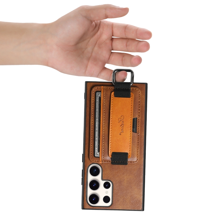 For Samsung Galaxy S23 Ultra 5G Suteni H13 Card Wallet Wrist Strap Holder PU Phone Case(Brown)