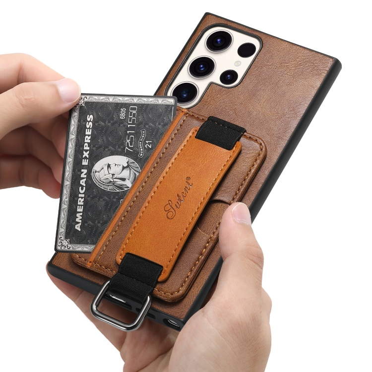 For Samsung Galaxy S23 Ultra 5G Suteni H13 Card Wallet Wrist Strap Holder PU Phone Case(Brown)