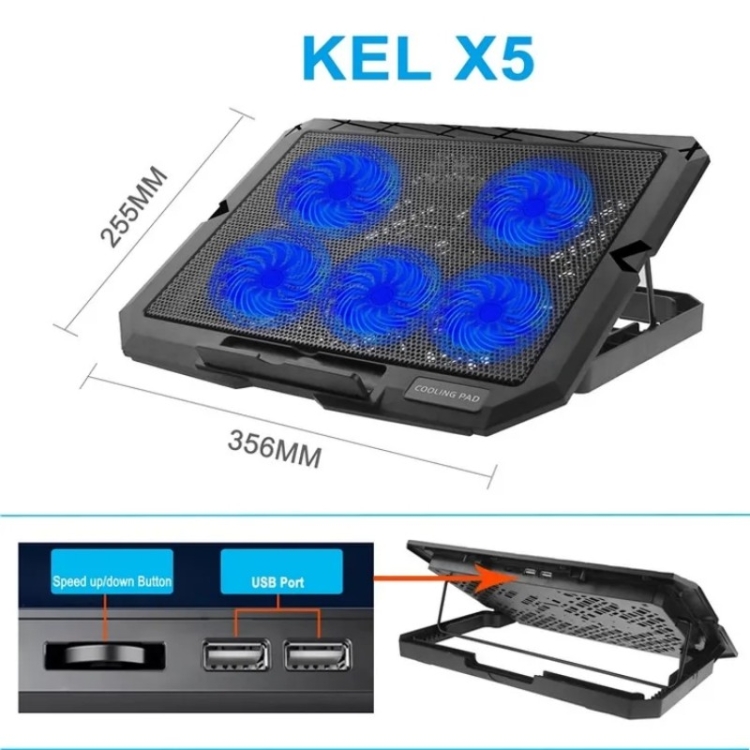 Support de refroidissement pour ordinateur portable X5 Game Work Mute 5  ventilateurs 7 vitesses réglable en hauteur (bleu)