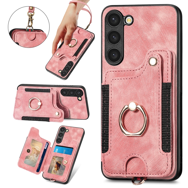 For Samsung Galaxy S23+ 5G Retro Skin-feel Ring Multi-card Wallet Phone Case(Pink) For Samsung Galaxy S23+ 5G Retro Skin-feel Ring Multi-card Wallet Phone Case(Pink)