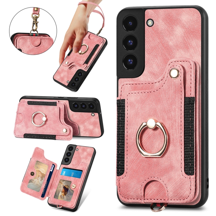 For Samsung Galaxy S22+ 5G Retro Skin-feel Ring Multi-card Wallet Phone Case(Pink) For Samsung Galaxy S22+ 5G Retro Skin-feel Ring Multi-card Wallet Phone Case(Pink)
