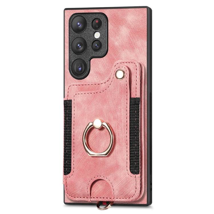 For Samsung Galaxy S22 Ultra 5G Retro Skin-feel Ring Multi-card Wallet Phone Case(Pink) For Samsung Galaxy S22 Ultra 5G Retro Skin-feel Ring Multi-card Wallet Phone Case(Pink)