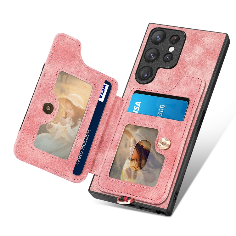 For Samsung Galaxy S22 Ultra 5G Retro Skin-feel Ring Multi-card Wallet Phone Case(Pink) For Samsung Galaxy S22 Ultra 5G Retro Skin-feel Ring Multi-card Wallet Phone Case(Pink)