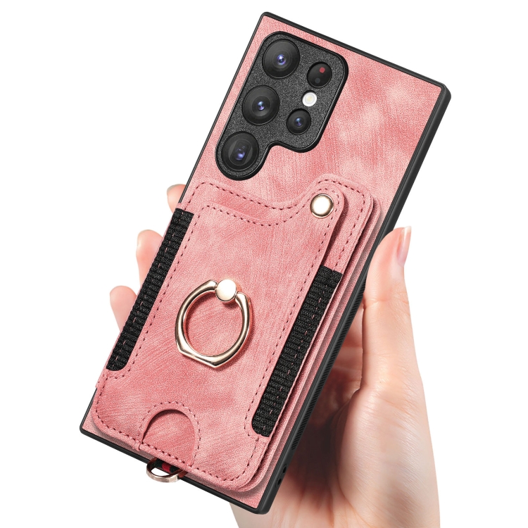 For Samsung Galaxy S22 Ultra 5G Retro Skin-feel Ring Multi-card Wallet Phone Case(Pink) For Samsung Galaxy S22 Ultra 5G Retro Skin-feel Ring Multi-card Wallet Phone Case(Pink)