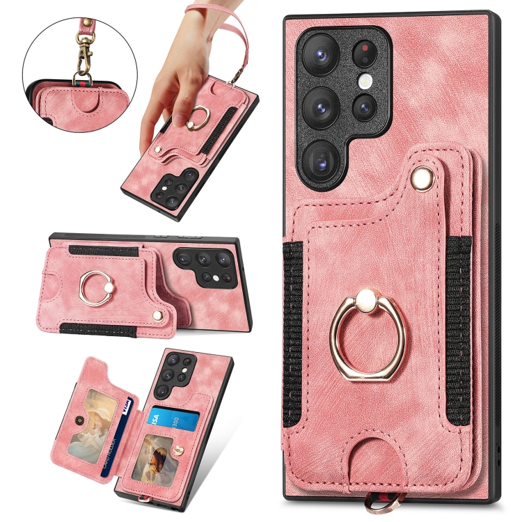 For Samsung Galaxy S22 Ultra 5G Retro Skin-feel Ring Multi-card Wallet Phone Case(Pink) For Samsung Galaxy S22 Ultra 5G Retro Skin-feel Ring Multi-card Wallet Phone Case(Pink)