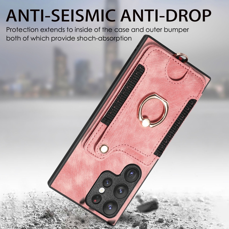 For Samsung Galaxy S22 Ultra 5G Retro Skin-feel Ring Multi-card Wallet Phone Case(Pink) For Samsung Galaxy S22 Ultra 5G Retro Skin-feel Ring Multi-card Wallet Phone Case(Pink)