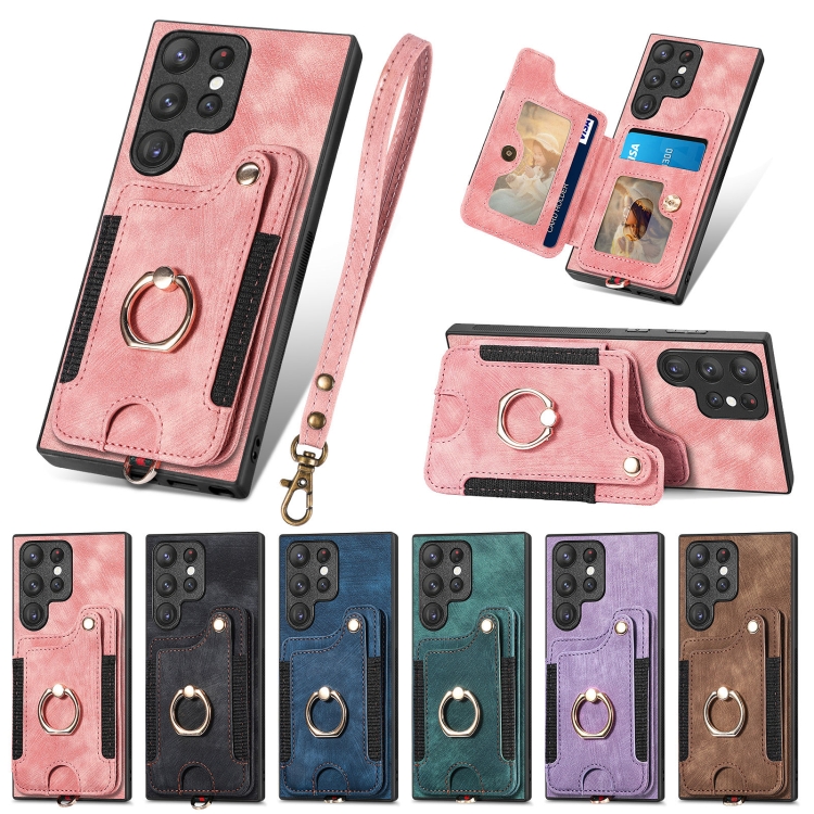 For Samsung Galaxy S22 Ultra 5G Retro Skin-feel Ring Multi-card Wallet Phone Case(Pink) For Samsung Galaxy S22 Ultra 5G Retro Skin-feel Ring Multi-card Wallet Phone Case(Pink)