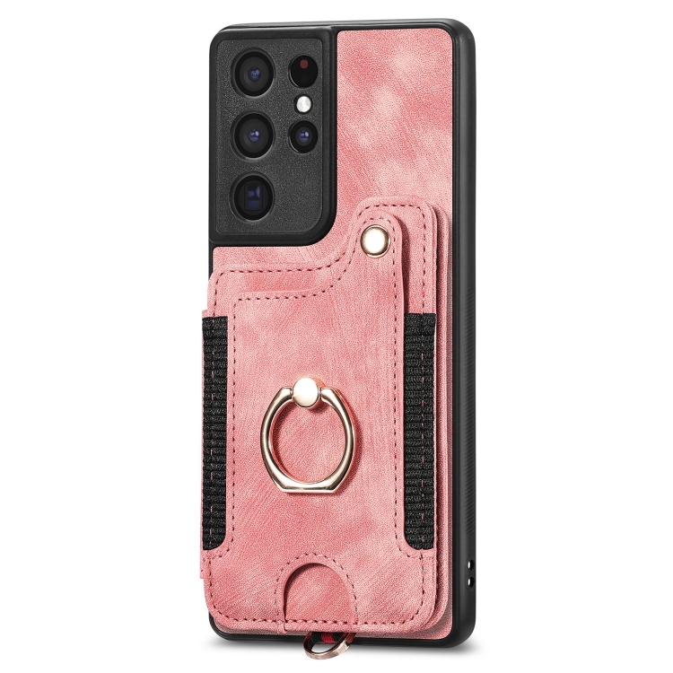 For Samsung Galaxy S21 Ultra 5G Retro Skin-feel Ring Multi-card Wallet Phone Case(Pink) For Samsung Galaxy S21 Ultra 5G Retro Skin-feel Ring Multi-card Wallet Phone Case(Pink)